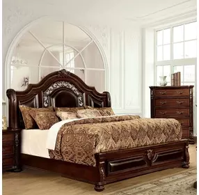 Flandreau Brown Cherry and Espresso King Upholstered Sleigh Bed