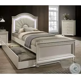 Allie Pearl White Upholstered Youth Panel Bedroom Set with Trundle