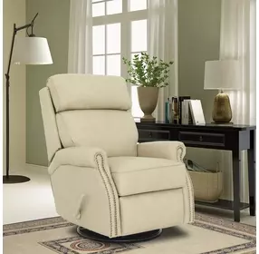 Crews Cashmere Stone Leather Swivel Glider Recliner with Nailhead Trim