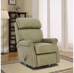 Crews Oasis Olive Leather Swivel Glider Recliner with Nailhead Trim