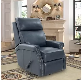 Crews Barone Navy Blue Leather Swivel Glider Recliner with Nailhead Trim