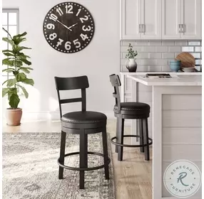 Valebeck Black Upholstered Swivel Counter Height Stool With Ladder Back