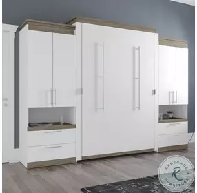 Orion White And Walnut Grey 124" Queen Murphy Bed And 2 Storage Cabinets With Pull Out Shelves