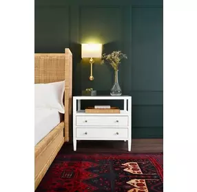 Cynthia Textured White Rectangular 2 Drawer Glass Top Side Table