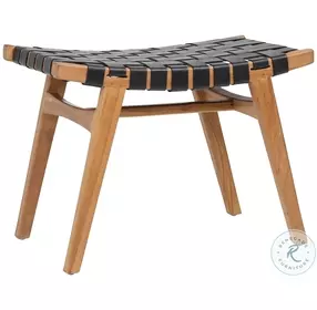 Camil Antique Black Leather And Natural Wood Stool