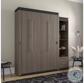 Orion Bark Gray And Graphite 84" Queen Murphy Bed And Narrow Shelving Unit With Drawers