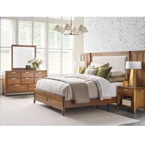 Affinity Cherry King Upholstered Panel Bed with Nailhead Trim