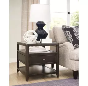 Whitaker Distressed Dark Stain Rectangular Glass Top Drawer End Table