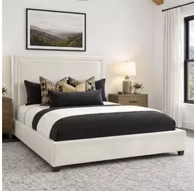 Kimberly Mystical Linen and Dark Brown King Upholstered Panel Bed
