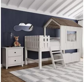Lodge Cookies and Cream Twin Loft Bunk Bed with Ladder and Fencing