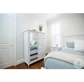 Coastal Point Fresh White and Soft Grey Glaze 5 Drawer 1 Mirrored Door Chest