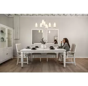 Point Breeze Fresh White and Soft Gray Glaze 96" Extendable Rectangular Dining Table with Self Storing Leaf
