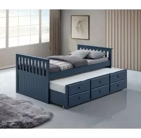 Clemens Midnight Blue Twin Captain Bed with Trundle and Storage