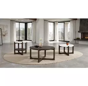 Vellara Dark Walnut and White Round Quartz Stone Top Cocktail Table