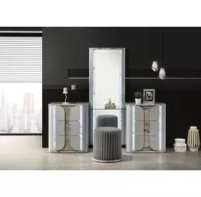 Cleburne Light Gray Vanity Set with Stool and LED
