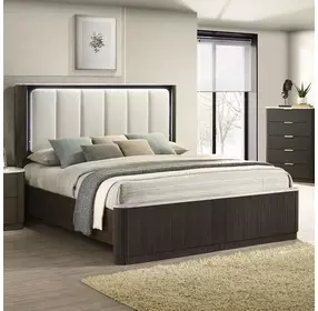 Merthyr Dark Walnut King Upholstered Panel Bed with LED