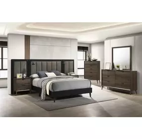 Chalfont Dark Brown Queen Upholstered Panel Bed with Wall Panel