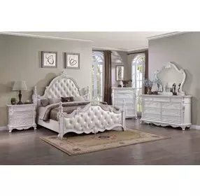 Cremona White Queen Upholstered Panel Bed with Nailhead Trim