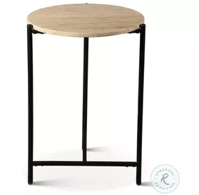 Charleston Travertine Stone And Black Iron Round Side Table
