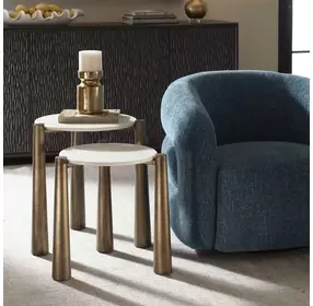 Monterey White and Antique Gold Round Marble Top Nesting Table Set of 2