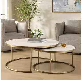 Aragon Brass and White Round Nesting Coffee Table Set of 2