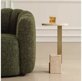 Hamilton Beige and Brass Oval Travertine Top Accent Table
