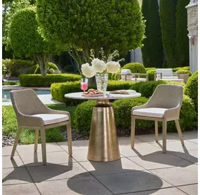 Midsummer Beige and Brass Outdoor 36" Round Travertine Top Bistro Table