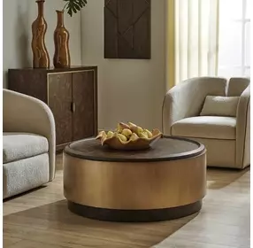 Oakley Antique Brass and Brown Round Coffee Table