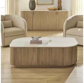 Riverton White and Warm Natural Rectangular Marble Top Coffee Table