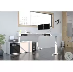 Pro Vega White And Black 81" L Shaped Adjustable Standing Desk With Credenza And Dual Monitor Arm