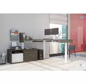 Pro Vega Walnut Grey And White 81" L Shaped Adjustable Standing Desk With Credenza And Dual Monitor Arm