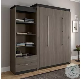 Orion Bark Gray And Graphite 94" Queen Murphy Bed And Shelving Unit With Drawers