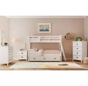 Brooklyn White Twin Over Twin Bunk Bed with Ladder and Trundle