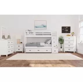Brooklyn White Twin Over Twin Storage Bunk Bed with Staircase and Trundle