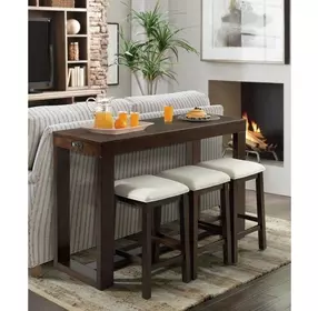 Drew Dark Taupe and Dark Walnut Upholstered 4 Piece Bar Table Set with USB Charging