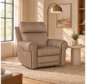 Duncan Light Brown Leather Power Recliner with Power Headrest And Lumbar