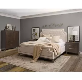 Oakridge Medley Piano Brown Upholstered King Panel Bed with Nailhead Trim