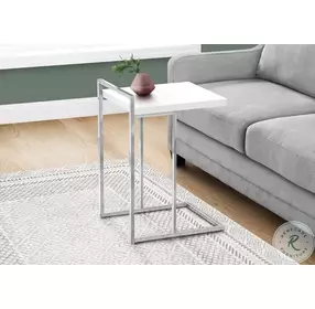 3636 White And Chrome Metal 25" C Shaped Accent Table