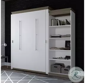 Orion White And Walnut Grey 94" Queen Murphy Bed With Shelving Unit