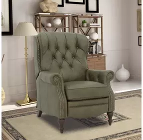 Kendall Oasis Olive Leather Push Thru The Arms Recliner with Nailhead Trim