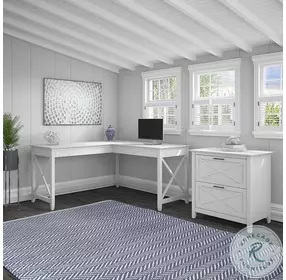 Key West Pure White Oak 60" L Shaped Desk With 2 Drawer Lateral File Cabinet