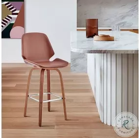 Arabela Brown Faux Leather And Walnut Wood Swivel Counter Height Stool