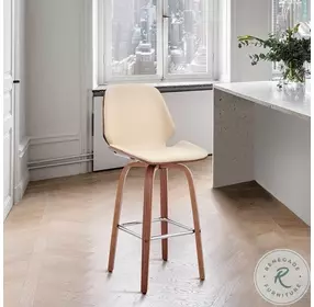 Arabela Cream Faux Leather And Walnut Wood Swivel Counter Height Stool