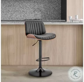 Brock Black Faux Leather And Walnut Wood Adjustable Bar Stool with Black Base
