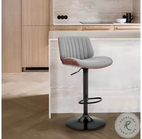 Brock Gray Faux Leather And Walnut Wood Adjustable Bar Stool with Black Base