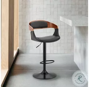 Benson Black Faux Leather And Walnut Wood Adjustable Bar Stool with Black Base