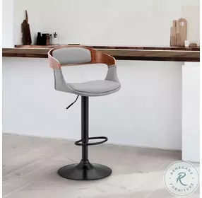 Benson Gray Faux Leather And Walnut Wood Adjustable Bar Stool with Black Base