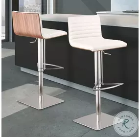 Cafe White Faux Leather And Walnut Wood Adjustable Swivel Bar Stool with Brushed Stainless Steel Base
