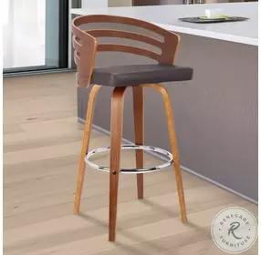 Jayden Brown Faux Leather And Walnut Wood 30" Swivel Bar Stool
