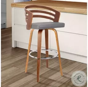 Jayden Grey Faux Leather And Walnut Wood 30" Swivel Bar Stool